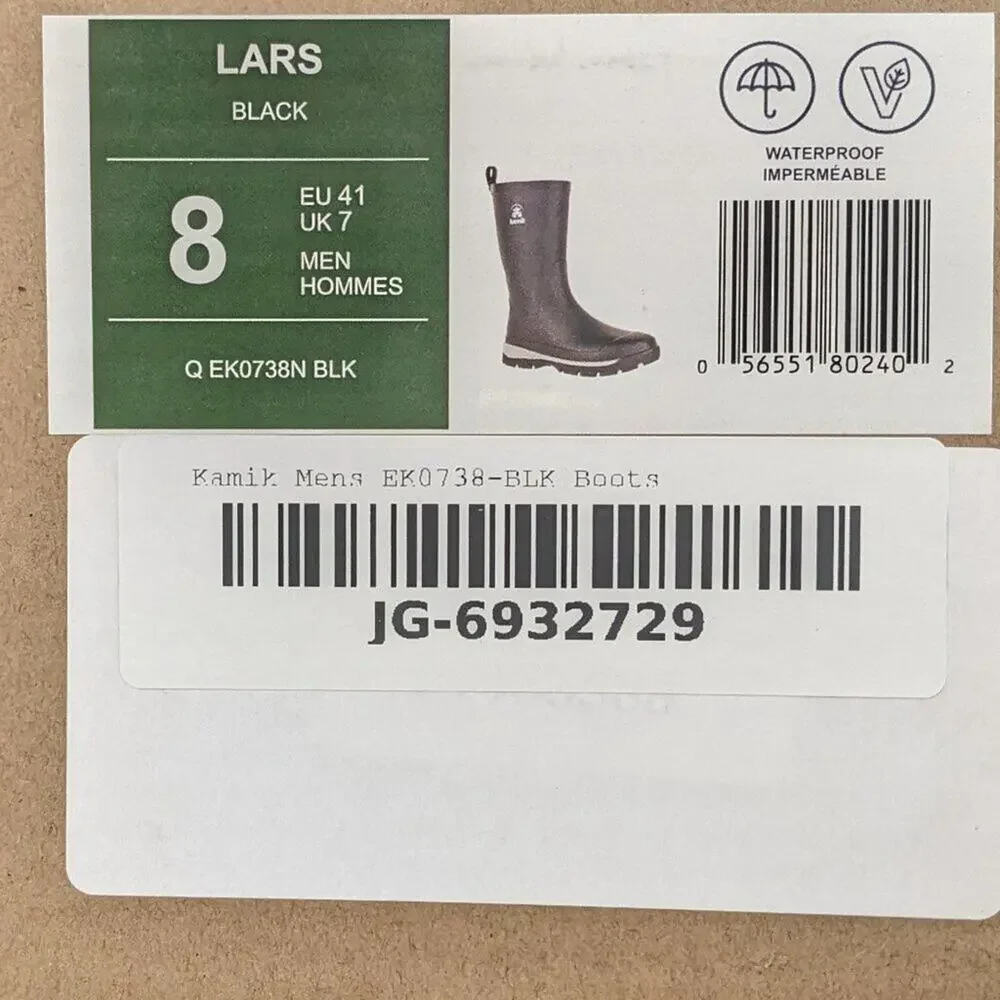 Kamik Lars Waterproof Rain Boots, Black, Men's 8 M